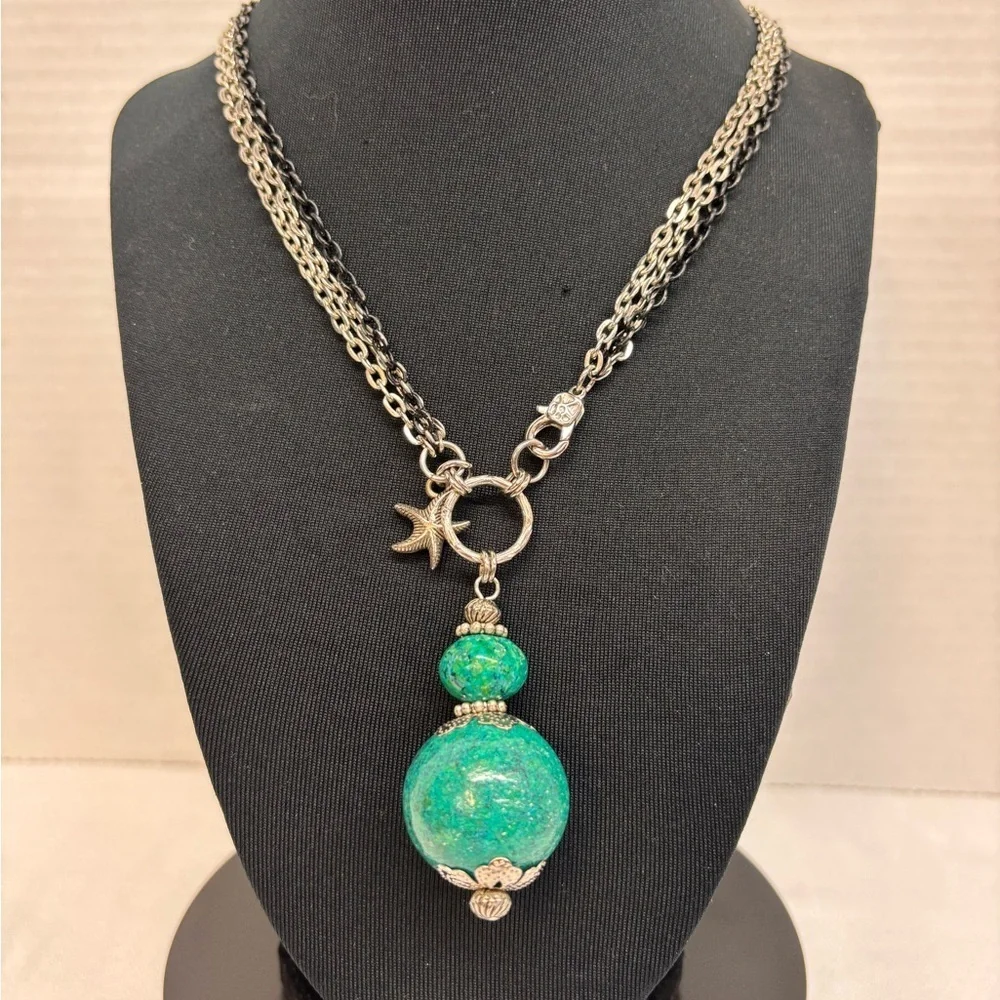 Chrysocolla Turquoise Blue Silver Tone Necklace with Larg Intricate Pendant - Picture 5 of 16